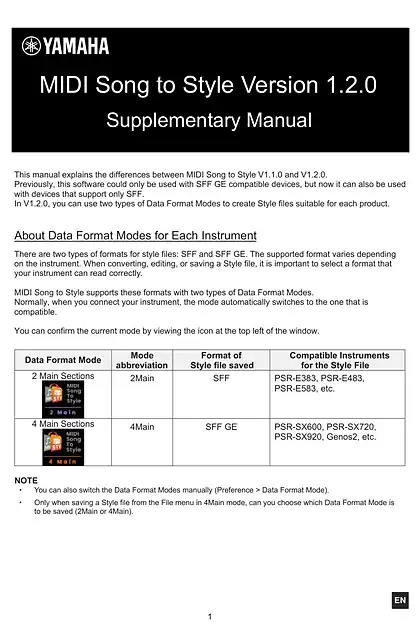 yamaha雅马哈MIDI Song to Style v1.2.0 Supplementary Manual